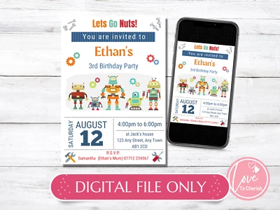 DIGITAL Robots PERSONALISED Invitations - Boys/Girls Birthday Party Invites - Image 1 of 4