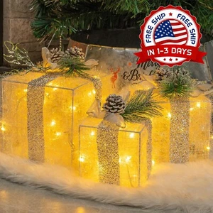 Juego De Cajas De Regalo De Navidad Con Luces LED Para Árbol Decoraciones NUEVO. - Picture 1 of 8