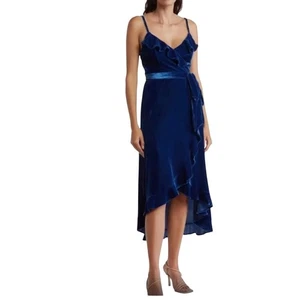 BCBGeneration Royal Blue Velvet Ruffle Wrap Midi Dress Spaghetti Straps Size M - Picture 1 of 8