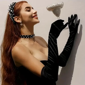 Silky feel satin gloves cosplay long black stretchy 53cm unisex any occasion - Picture 1 of 8