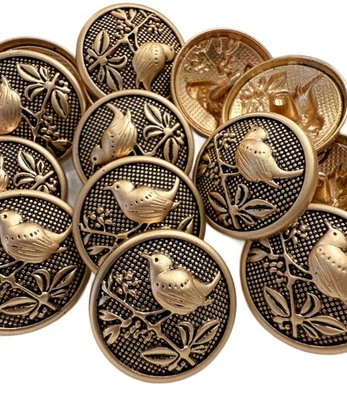 10PC Antiqued Gold Bird on Leaf Branch Metal Buttons Shank Button 25mm - Image 1 of 4