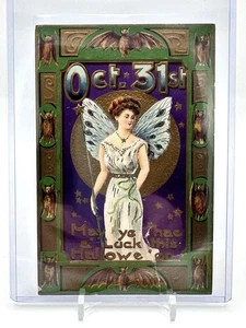 Vintage Halloween Frau und Fledermaus Postkarte - Bild 1 von 9