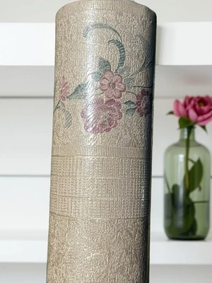 Revestimiento de Pared Vintage Brewster Rosa Floral Sobre Beige Papel Pintado Vinilo Texturizado Nuevo Foto 1 de 4