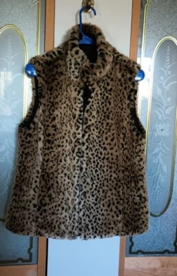 Kristen Blake Women Leopard  Print Faux Fur Vest S Pocket Dressy Zip  Reversible - Image 1 of 4