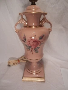 Victorian Trophy Urn Table Lamp Mauve Pink w/Floral Rose - Picture 1 of 7