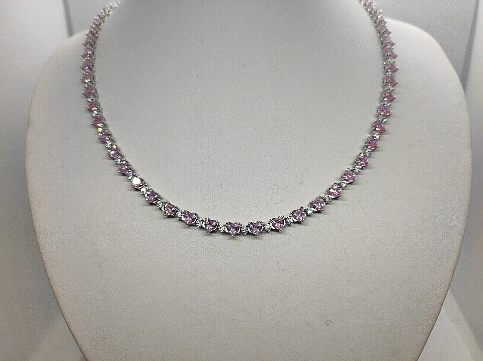 Collana donna Tennis. collana con  Cuori rosa argento 925 Placcata oro bianco - Immagine 1 di 4