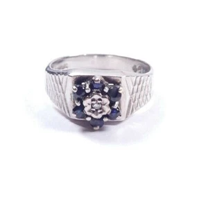 Sapphire and diamond cluster ring 9 carat white gold Vintage  - Picture 1 of 5