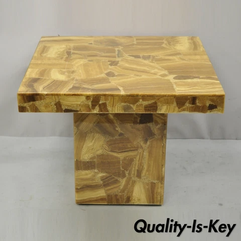 Mid Century Modern Lacquered Resin Onyx Mosaic Brown Square Accent Side Table Cover
