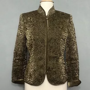VTG Victor Costa Womens Jacket 8 Olive Green Crinkle Rose Zip Evening Cocktail - Picture 1 of 16