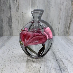 Rick Satava Faceted Perfume Bottle with Pink Irises - 5-1/2" x 3-1/2" x 2" *** - Picture 1 of 14