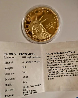 American Mint Statue of Liberty Enlightening the World 24K Gold Layered Coin - Image 1 of 4