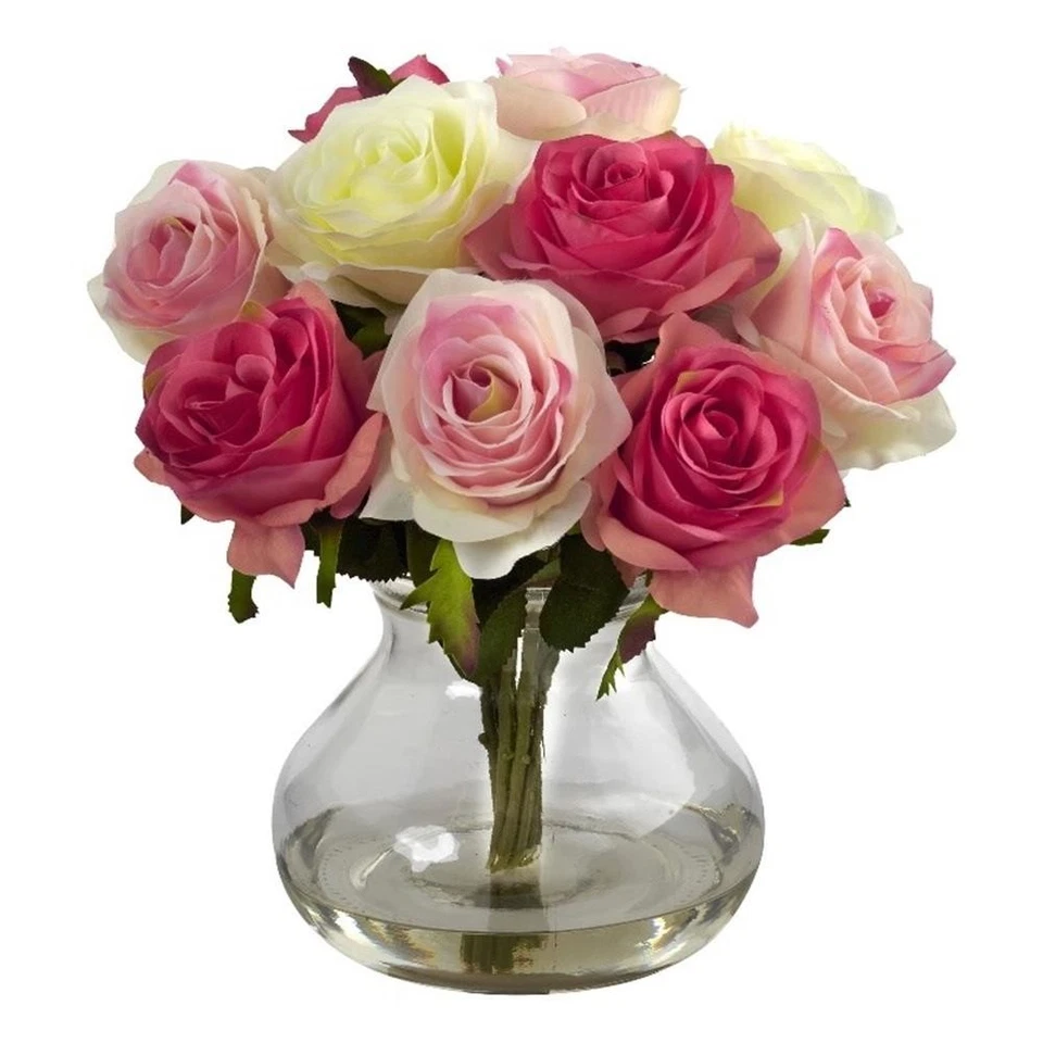 Arreglo de flores de rosas completas casi naturales con florero en multicolor/claro Foto 1 de 1