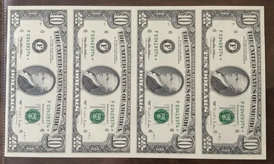 1995  “F” $10 Ten *Star* Notes  Uncut Sheet of 4 Federal Reserve -  Uncirculated - Image 1 of 4
