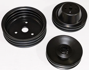 Chevy Black Steel Short Water Pump Crankshaft Power Steering Pulleys SBC SWP 350 - Picture 1 of 8