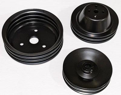 Chevy Black Steel Short Water Pump Crankshaft Power Steering Pulleys SBC SWP 350 - Imagen 1 de 4