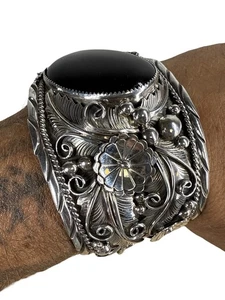 Vintage MARIE TSOSIE Sterling Silver & Black Onyx Cuff Bracelet Floral Navajo - Picture 1 of 11