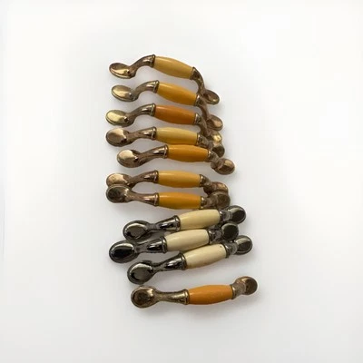 Lot Of 12 Brass Drawer Pulls Handles Ivory &Yellow Ceramic  5” Center , - Image 1 of 4
