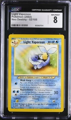 CGC 8 NM MINT Light Vaporeon 52/105 - Neo Destiny - Vintage WOTC 2002 Pokemon - Image 1 of 2