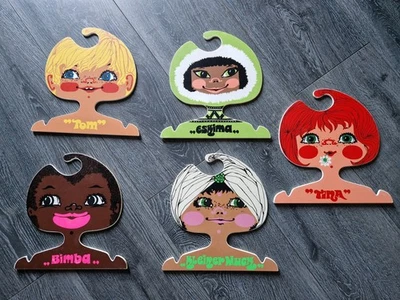 5 Vintage Pop Art Kinder Kleiderbügel 70er Jahre Klassiker Mädchen Figur Gesicht - Bild 1 von 4