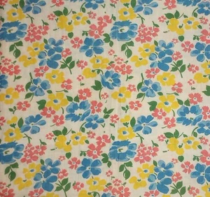 Mid Century Vintage Cotton Floral Fabric Pink Blue & Yellow Flowers 45 L x 32 W - Picture 1 of 3