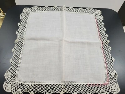 Vintage White Cotton Handkerchief Crochet Lace Trim Pink & White Hankie - Image 1 of 4