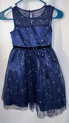 Vestido sin mangas formal de tul brillante plateado azul marino JONA MICHELLE niñas talla 5 N101 Foto 1 de 4