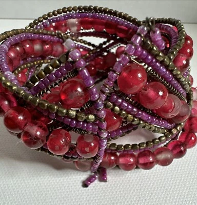 Brazalete estilo bohemio multihilo cuentas pesadas rosa, rojo, púrpura y bronce Foto 1 de 4