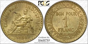 1923 MS64 France 1 Franc UNC PCGS KM 876 Gad-468 F-218 Chambres De Commerce - Picture 1 of 3