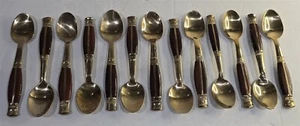 13 Vintage MCM Messing & Intarsien Holzgriffe 4 3/4" Demitasse oder Dessertlöffel - Bild 1 von 7