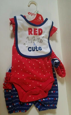 ¡NUEVO! Patriótico - 4 de julio - 4 piezas Juego Ropa Infantil (6-9M) "Rojo, Blanco, Lindo" Foto 1 de 4