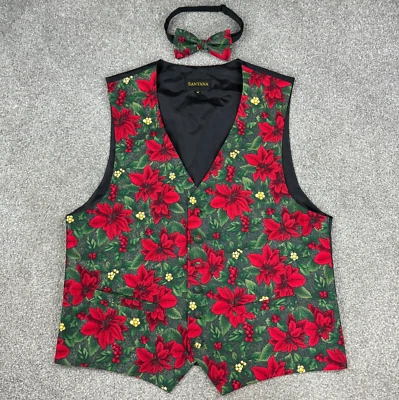 Santana Vest And Matching Bow Tie Set Christmas Poinsettia Red Green Festive - Image 1 of 4