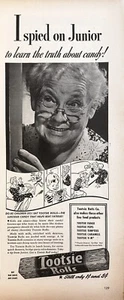 Anuncio impreso Tootsie Rolls 1943 en blanco y negro, anuncio de latas de la Segunda Guerra Mundial - Imagen 1 de 1