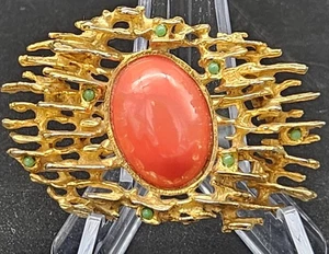 Hattie Carnegie goldfarbene Faux Koralle Faux Jade Brosche Anstecknadel - Bild 1 von 22
