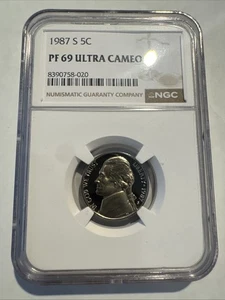 1987-S 5c NGC PF69 JEFFERSON NICKEL PROOF ULTRA CAMEO - Picture 1 of 2