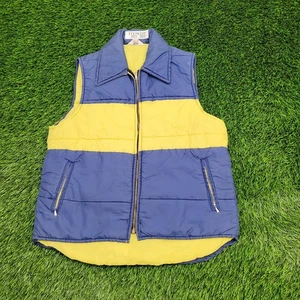 Vintage 70s MOD Puffer Vest Medium 20x26 Blue Yellow - Picture 1 of 10