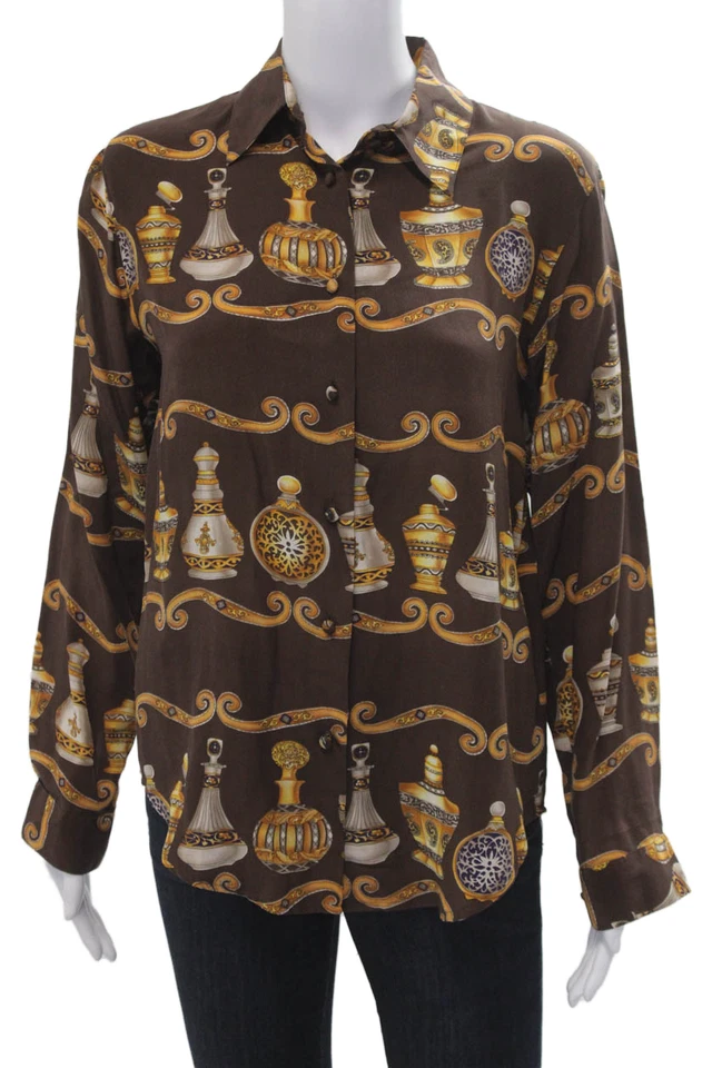 Блузка на пуговицах женская Lord & Taylor шелковая с воротником графическая коричневая размер 4 - Изображение 1 из 4