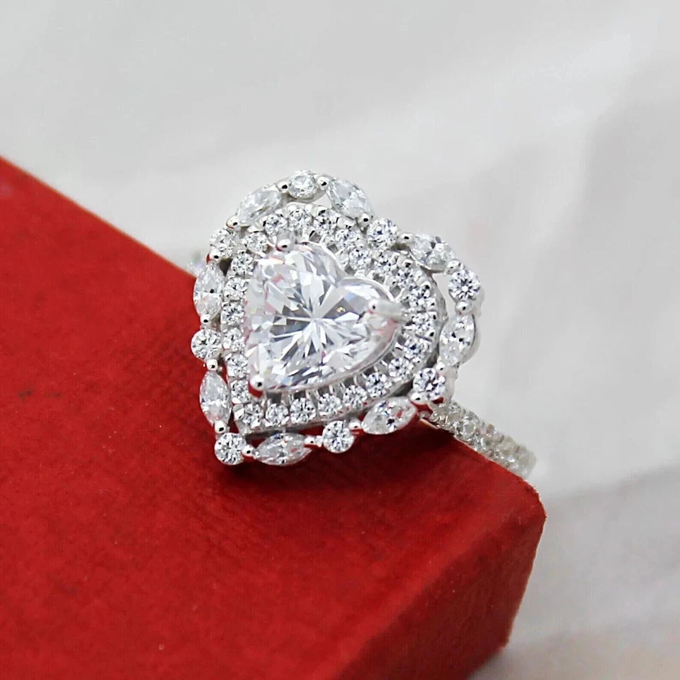 3Ct Heart Cut Lab Created Diamond Cluster Engagement Ring 14K White Gold Finish - Image 1 of 4
