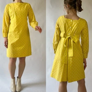 Vintage 70s Sears Jr Bazaar Yellow Polka Dot Shift Dress with Back Tie Size 11 - Picture 1 of 8