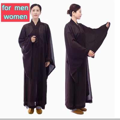 Men Women Buddhist Monk Dress Meditation Long Robe Gown Kung Fu Uniform Hanfu - Image 1 of 4