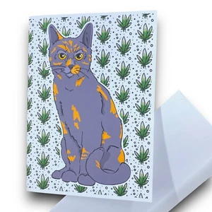 Tortoiseshell Cat 420 Blank Greeting Card Stoner Pet Portrait Gift 5x7" Handmade - Picture 1 of 3