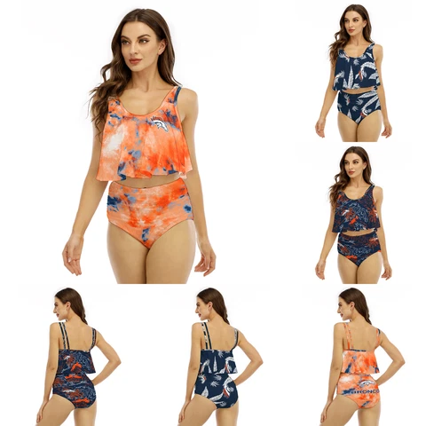 Denver Broncos Ruffled Tank High Waist Swimsuit 2PCS Tummy Control Bikini Set Cover