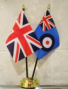 UNION JACK & RAF ENSIGN TABLE FLAG SET 2 flags GOLDEN BASE ROYAL AIR FORCE - Picture 1 of 1