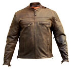Mens Brown Buffalo Hide Leather Cafe Motorcycle Jacket Concealed Carry Pockets