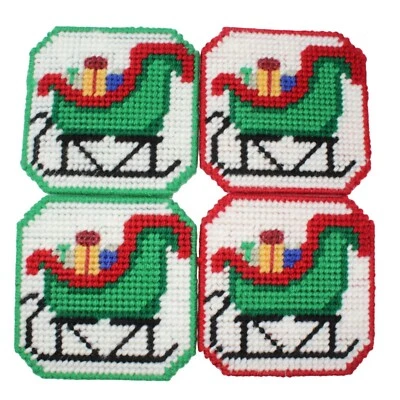 Handmade Christmas Sleigh Stitched Yarn Needlepoint Plastic Canvas Coasters - Image 1 of 3