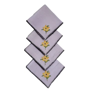 4 Hand Embroidered Cloth Luncheon Napkins Lilac Purple Yellow Flowers 30s Paris - Picture 1 of 12