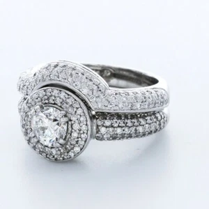 3.6CT NATURAL DIAMOND F/SI2 ROUND CUT 14K WHITE GOLD HALO SIDE-STONE RING SET - Picture 1 of 4