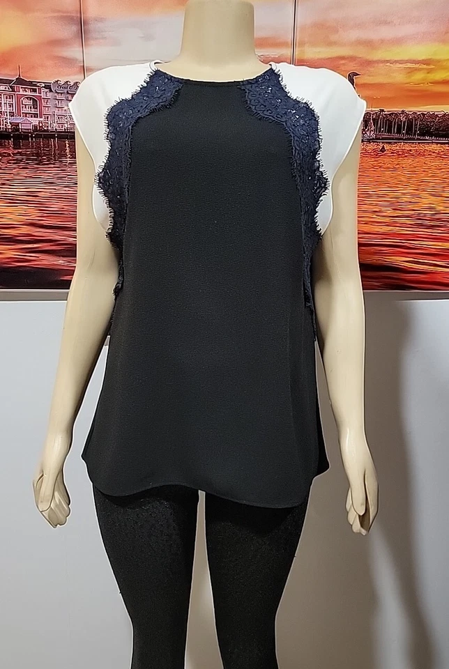 Chelsea28 Black Navy Blouse Size L Top Shirt Sleeveless Blouse Lace #C - Image 1 of 4