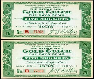 Hgr Sunday 1935 World's Fair (Rare Gold Gulch Ticket) (2 Consec#) Gem Unc