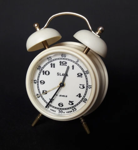 Vintage Russian Russia Mechanical Alarm Clock SLAVA 11 Jewels Color White, USSR Cover