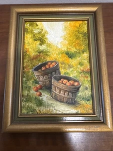 Vintage gerahmte kleine Pfirsiche im Korb Suzanne Greene signierte Leinwand 5x7 - Bild 1 von 14